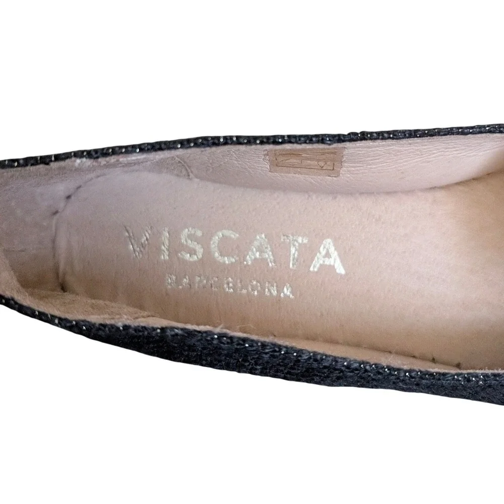 Viscata Barcelona Black Glitter Espadrille Flats Pointed Toe‎ Made in Spain 38